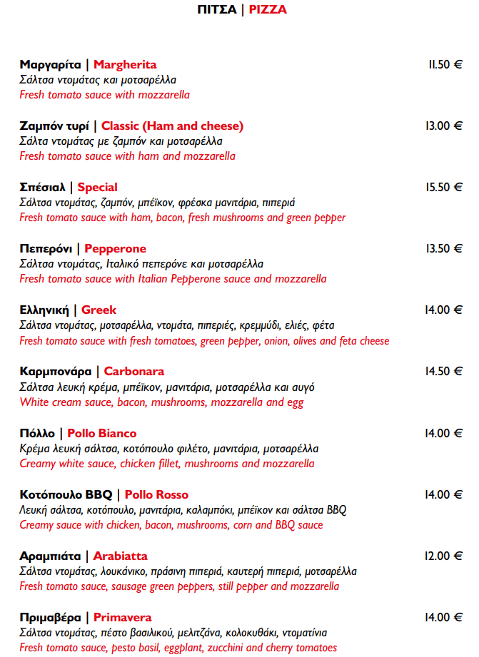 Pizza Menu